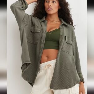Aerie Olive Green Waffle Knit Oversized Shirt
